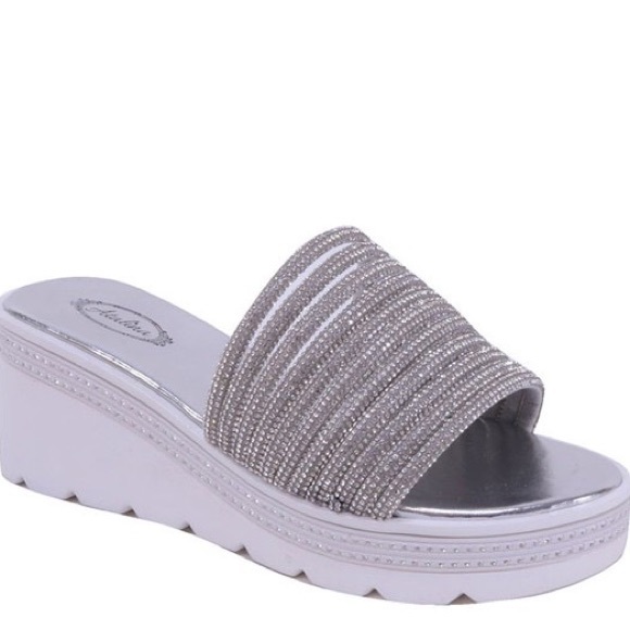 3 Left Italina Black Platform Rhinestone Embellished Wedge Slide-In Sandal - Picture 5 of 7